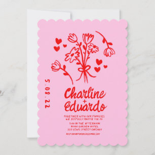 Retro Rosa och Red Vågigt Handwrite Bröllop Inbjudningar