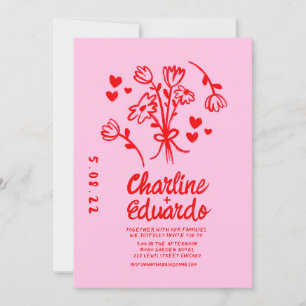 Retro Rosa och Red Vågigt Handwrite Bröllop Inbjudningar