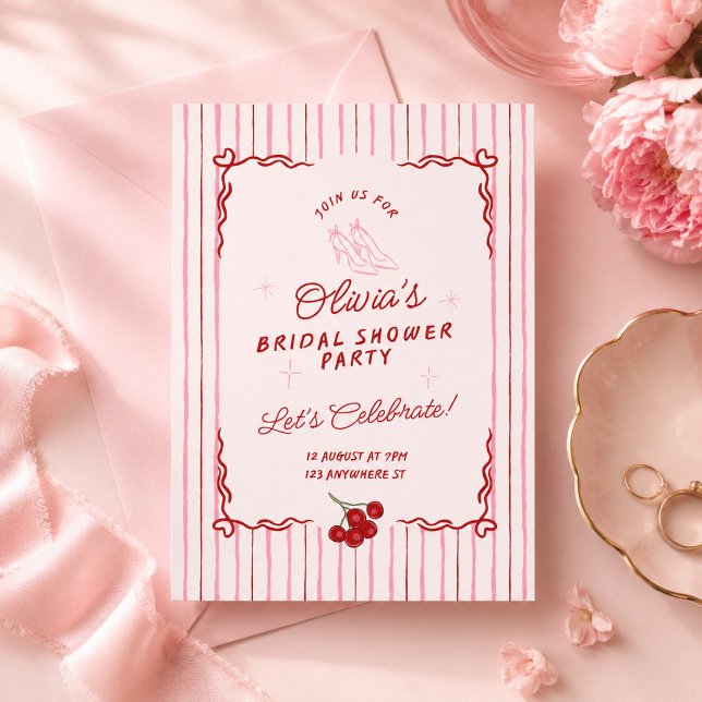 Retro rosa och röd bröllopsfestinbjudan  inbjudningar (Skapare uppladdad)