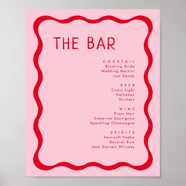 Retro Rosa och Röd Vågig Bar Dryckesmeny Poster (Framsidan)