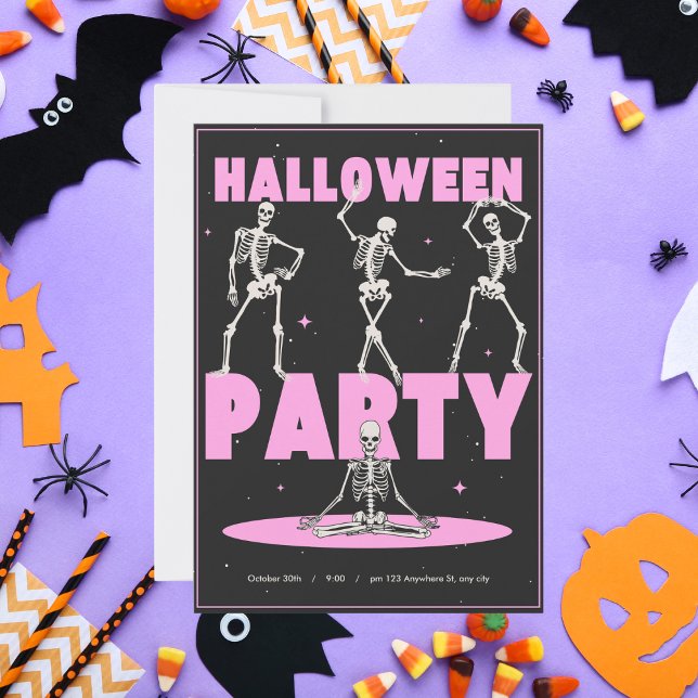 Retro Rosa och svart Skeleton Dance Halloween Inbjudningar (Skapare uppladdad)