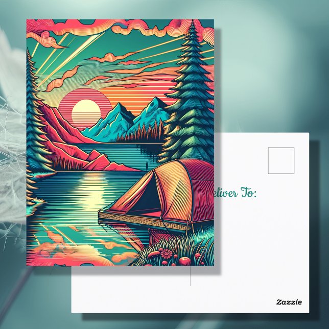 Retro Rosa och Turkos Camping Tema Födelsedag Vykort (Skapare uppladdad)