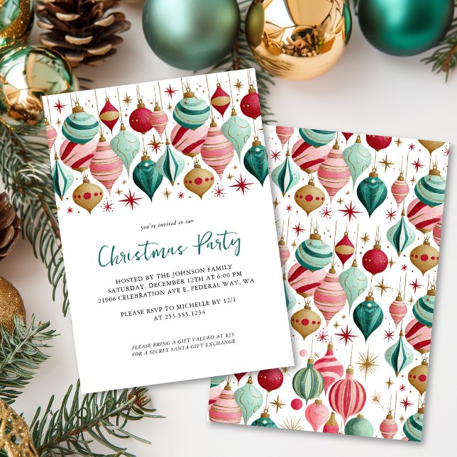 Retro Rosa och Turkos Prydnader Julfest Inbjudningar (Retro Pink and Teal Ornaments Christmas Party Invitation)