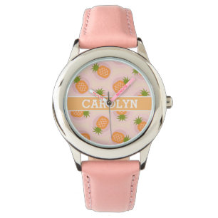 Retro rosa orange Ananas mönster monogram Armbandsur