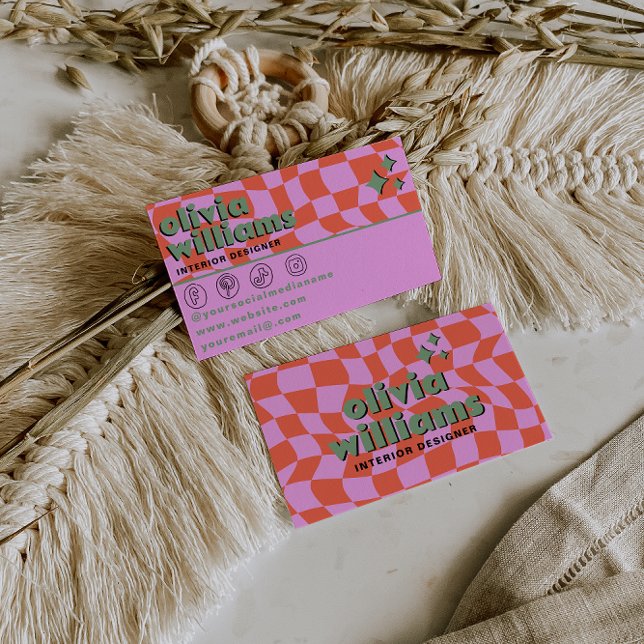 Retro Rosa Orange Boho Groovy Rutig Unik Visitkort (Skapare uppladdad)
