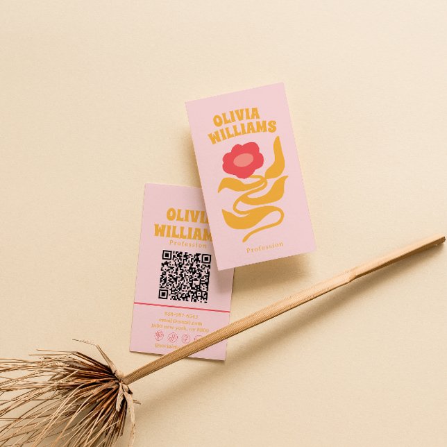 Retro Rosa Orange Boho QR-kod Groovy Blommig Femin Visitkort (Skapare uppladdad)