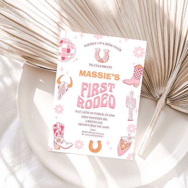 Retro Rosa Orange First Rodeo 1:a födelsedagen Inbjudningar (Pink Cowgirl First Rodeo Birthday Invitation Retro First Rodeo 1st Birthday Invite, Wild West )