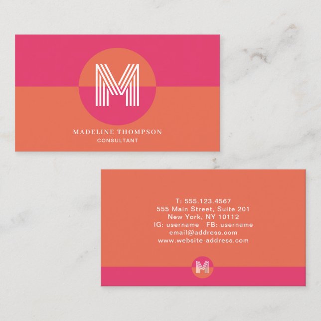 Retro Rosa Orange Geometrisk Modern Monogram Visitkort (Fram/baksida)
