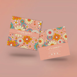 Retro Rosa Orange Groovy Blommigt Boho Girly Trend Fyrkantigt Visitkort