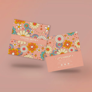 Retro Rosa Orange Groovy Blommigt Boho Girly Trend Fyrkantigt Visitkort