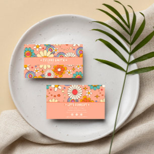 Retro Rosa Orange Groovy Blommigt Boho Girly Trend Visitkort