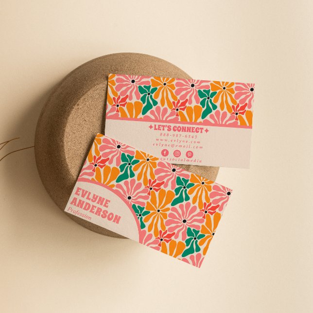 Retro Rosa Orange Groovy Blommigt Boho Girly Trend Visitkort (Skapare uppladdad)