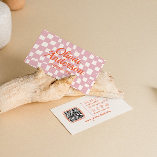 Retro Rosa Orange Kontrollerad Groovy Girly QR-kod Visitkort (Skapare uppladdad)