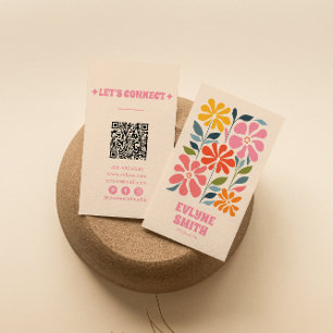 Retro Rosa Orange QR Code Groovy Blommigt Girly Bo Visitkort