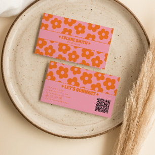 Retro Rosa Orange QR-kod Groovy Blommig Boho Flick Visitkort