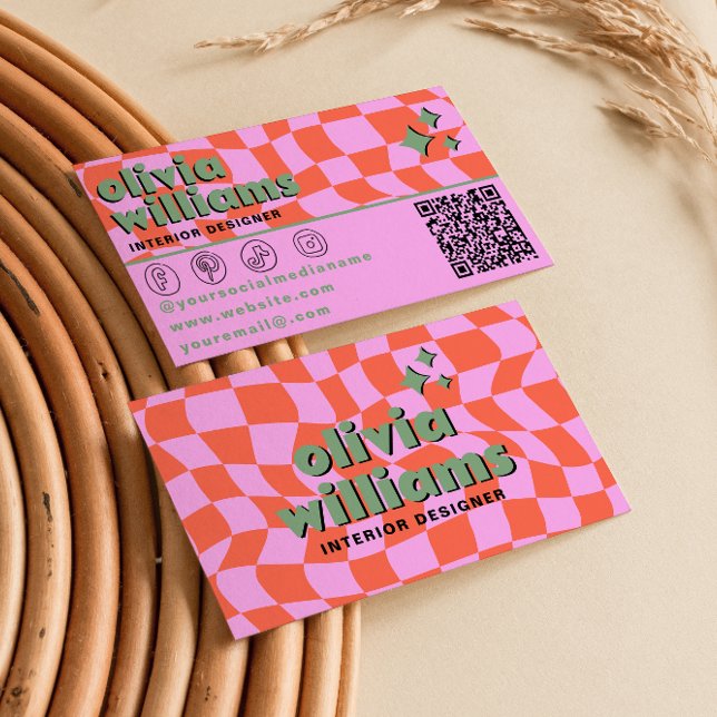 Retro Rosa Orange QR-kod Groovy Rutig Unik Visitkort (Skapare uppladdad)