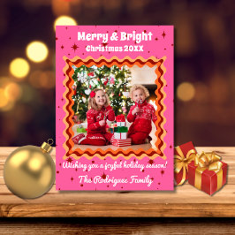 Retro Rosa Orange Röd 70-tal Merry & Bright Jul Julkort