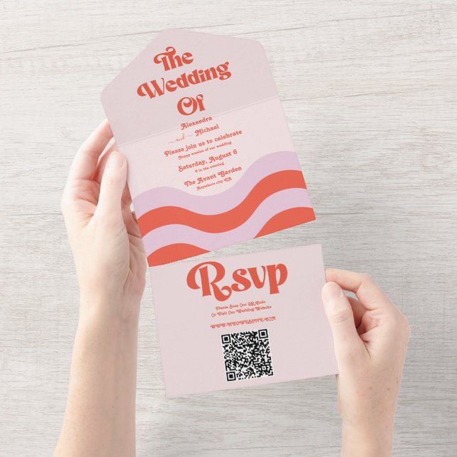 Retro Rosa Orange Typografi QR-kod Bröllop (Avrivbar del)
