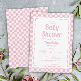 Retro Rosa Pastel Check Mönster Girl Baby Shower Inbjudningar