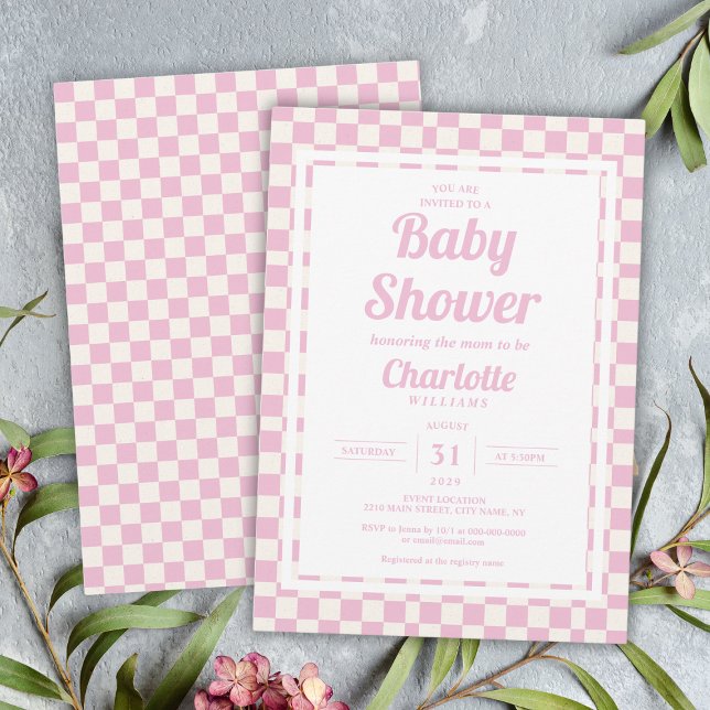 Retro Rosa Pastel Check Mönster Girl Baby Shower Inbjudningar (Retro Pink Pastel Check Pattern Girl Baby Shower Invitation
)