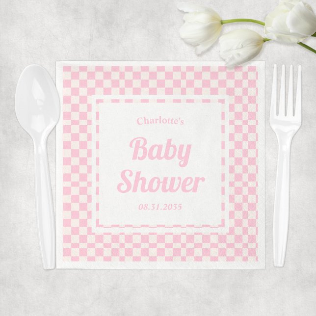 Retro Rosa Pastel Check Mönster Girl Baby Shower Pappersservett (Retro Pink Pastel Check Pattern Girl Baby Shower Napkins
)