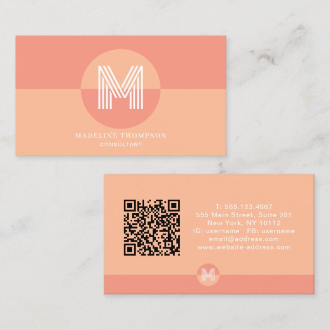 Retro Rosa Persika Geometrisk Modern Monogram QR-k Visitkort (Fram/baksida)