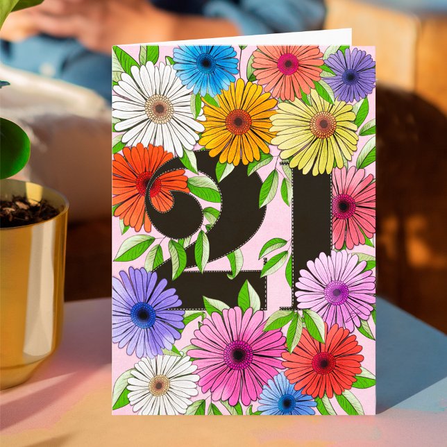 Retro Rosa Personlig 21:a födelsedag Blommigt Kort (Skapare uppladdad)