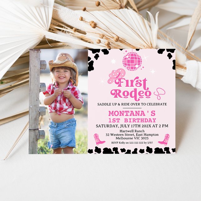 Retro Rosa Photo Disco First Rodeo 1:a födelsedage Inbjudningar (Photo Cowgirl First Rodeo Invitation, 1st Rodeo Invite, Southwestern Ranch Wild West Western Invite)