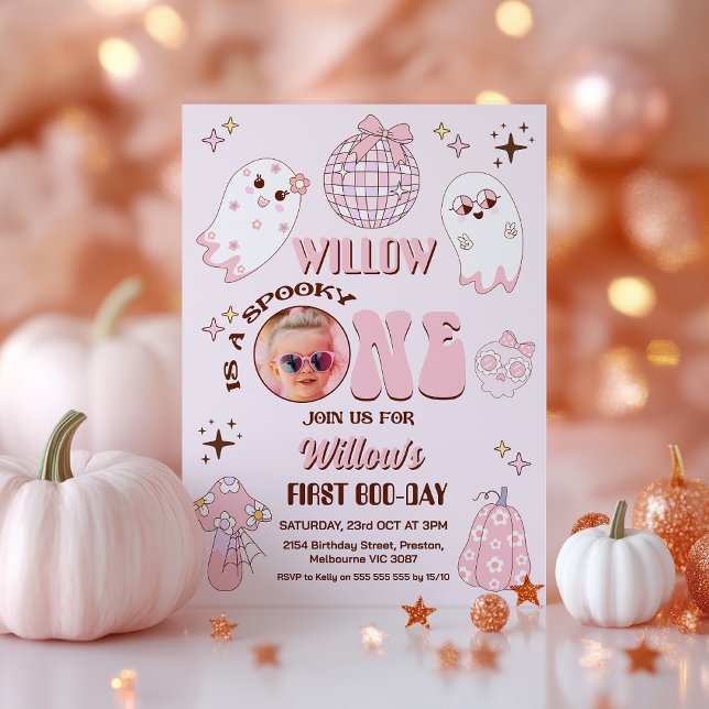 Retro Rosa Photo Halloween Spooky 1:a födelsedagen Inbjudningar (Spooky One Birthday Invitation Pink Template, Halloween 1st Birthday Invitation Retro, Spooky One )