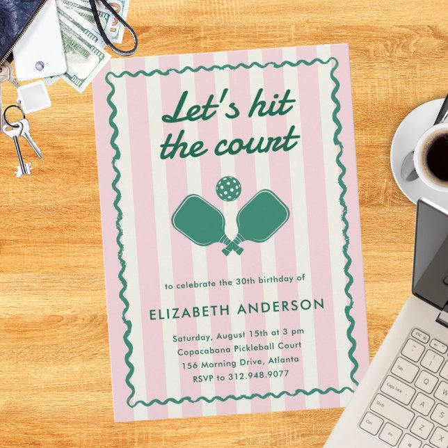 Retro Rosa Pickleball Elegant födelsedagsfest Inbjudningar (Skapare uppladdad)