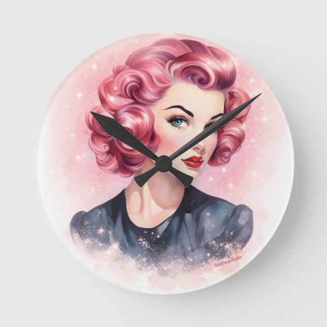 Retro Rosa Pin-Up Glamour Flicka  Rund Klocka (Framsida)