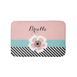 Retro rosa polka dots och randblomma med namn badrumsmatta