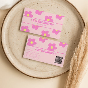 Retro Rosa QR-kod Groovy Blommig Boho Flickaktig U Visitkort