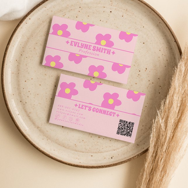 Retro Rosa QR-kod Groovy Blommig Boho Flickaktig U Visitkort (Skapare uppladdad)