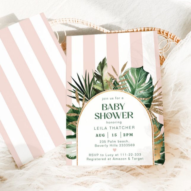 Retro rosa ränder palm beach baby shower inbjudningar (Skapare uppladdad)
