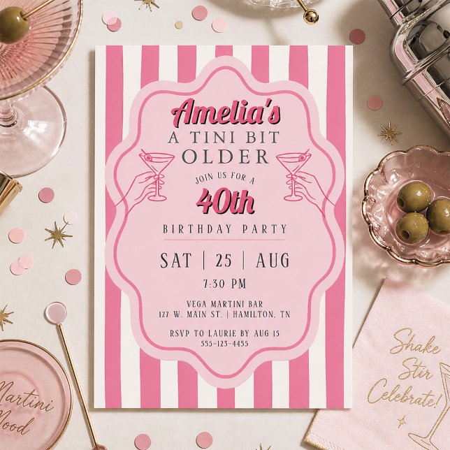 Retro Rosa Randig Martini Födelsedagsfest Inbjudningar (Retro Pink Stripe Martini Birthday Party Invitation)