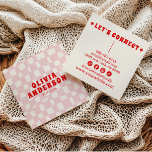 Retro Rosa Red Bold 70's Groovy Checkered Girly Fyrkantigt Visitkort
