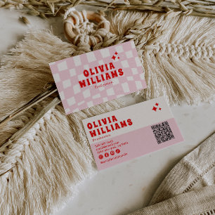 Retro Rosa Red Bold Groovy QR Code Girly Checkly Visitkort