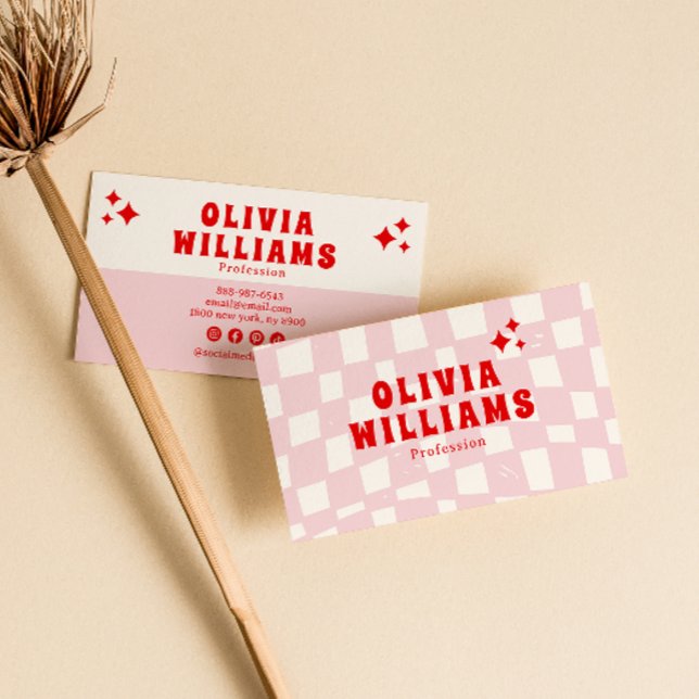 Retro Rosa Red Bold Groovy Trendig Girly Checkated Visitkort (Skapare uppladdad)