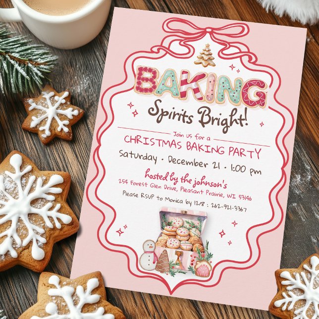Retro Rosa & Red Bow-julkaka Baking Party Inbjudningar (Cute pink red green coquette bow ribbon frame Baking Spirits Bright Christmas cookie Baking Invite)