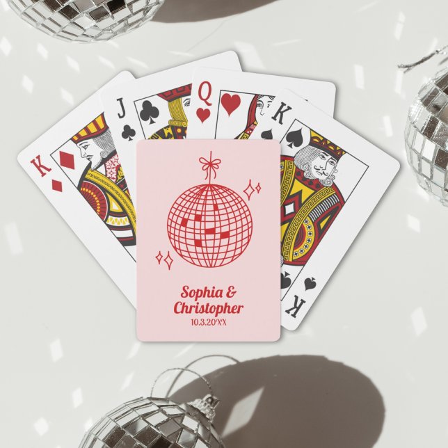Retro Rosa & Red Disco Boll Bröllop Personlig Casinokort (Retro Pink & Red Disco Ball Wedding Personalized Playing Cards
)