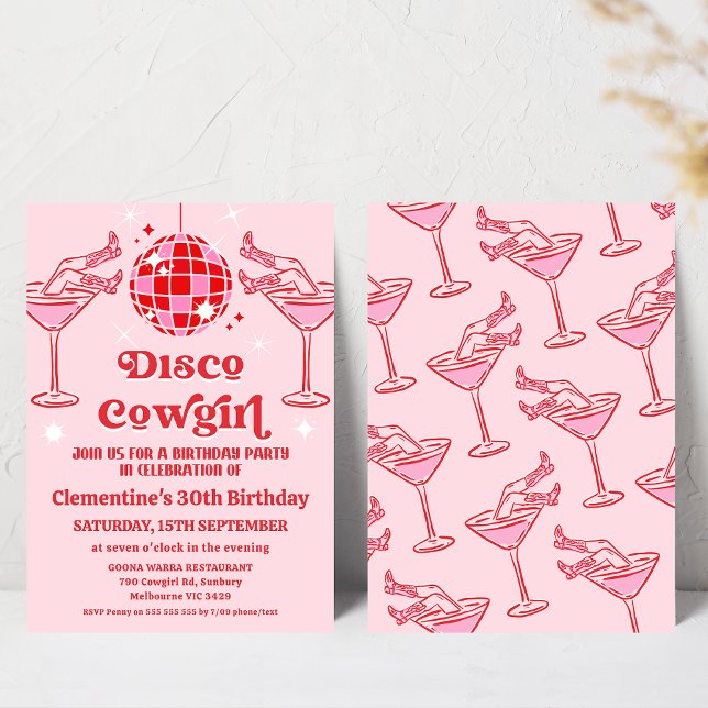 Retro Rosa Red Disco Cowgirl 30års födelsedag Inbjudningar (Retro Disco Cowgirl Birthday Invitation, Disco Ball, Disco Pink Cowgirl Birthday Invitation Template)