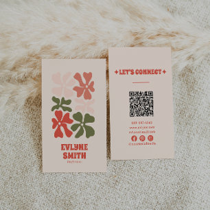 Retro Rosa Red Grönt QR Code Groovy Blommigt Boho Visitkort