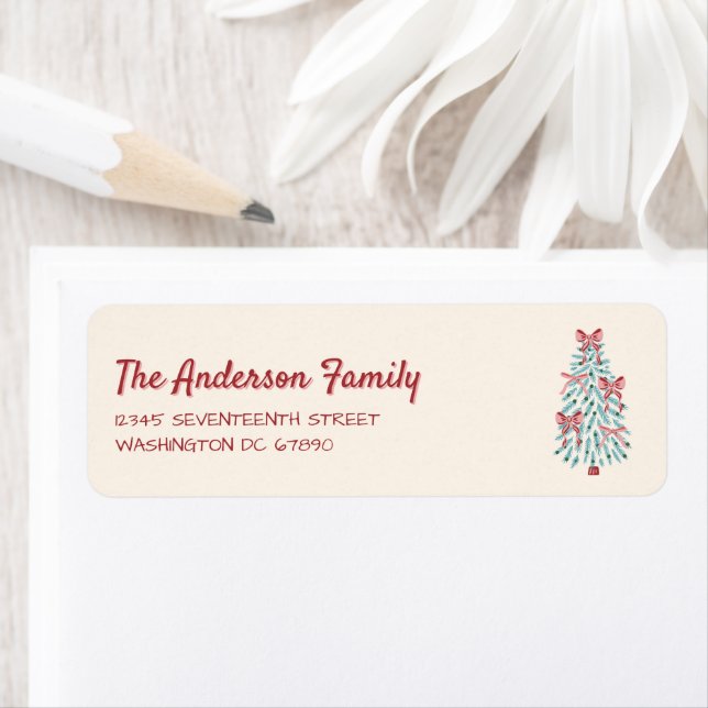 Retro Rosa Red Hand plockade Rosett band Träd jul, Returadress Etikett (Insitu)