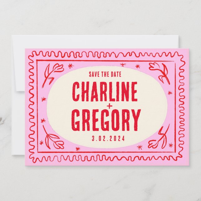 Retro Rosa Red Handskrift Bröllop spara datum Inbjudningar (Framsida)