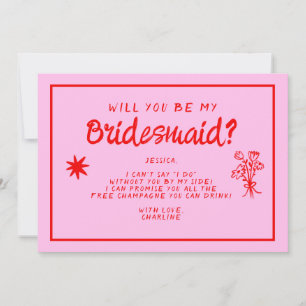 Retro Rosa &Red Handwrite Bridesmaid Frieri Inbjudningar