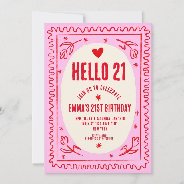 Retro Rosa Red Handwriter 21St Birthday Party Inbjudningar (Framsida)