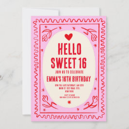 Retro Rosa Red Handwriter Sweet 16 Birthday Inbjudningar