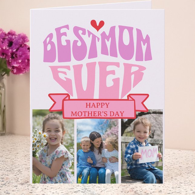 Retro Rosa Red Multi Photo Best Mamma Mors dag Kort (Retro Best Mom Ever Multi Photo Mother's Day Card by Darling & May)