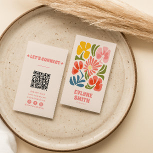 Retro Rosa Red QR Code Groovy Blommigt Girly Boho Visitkort